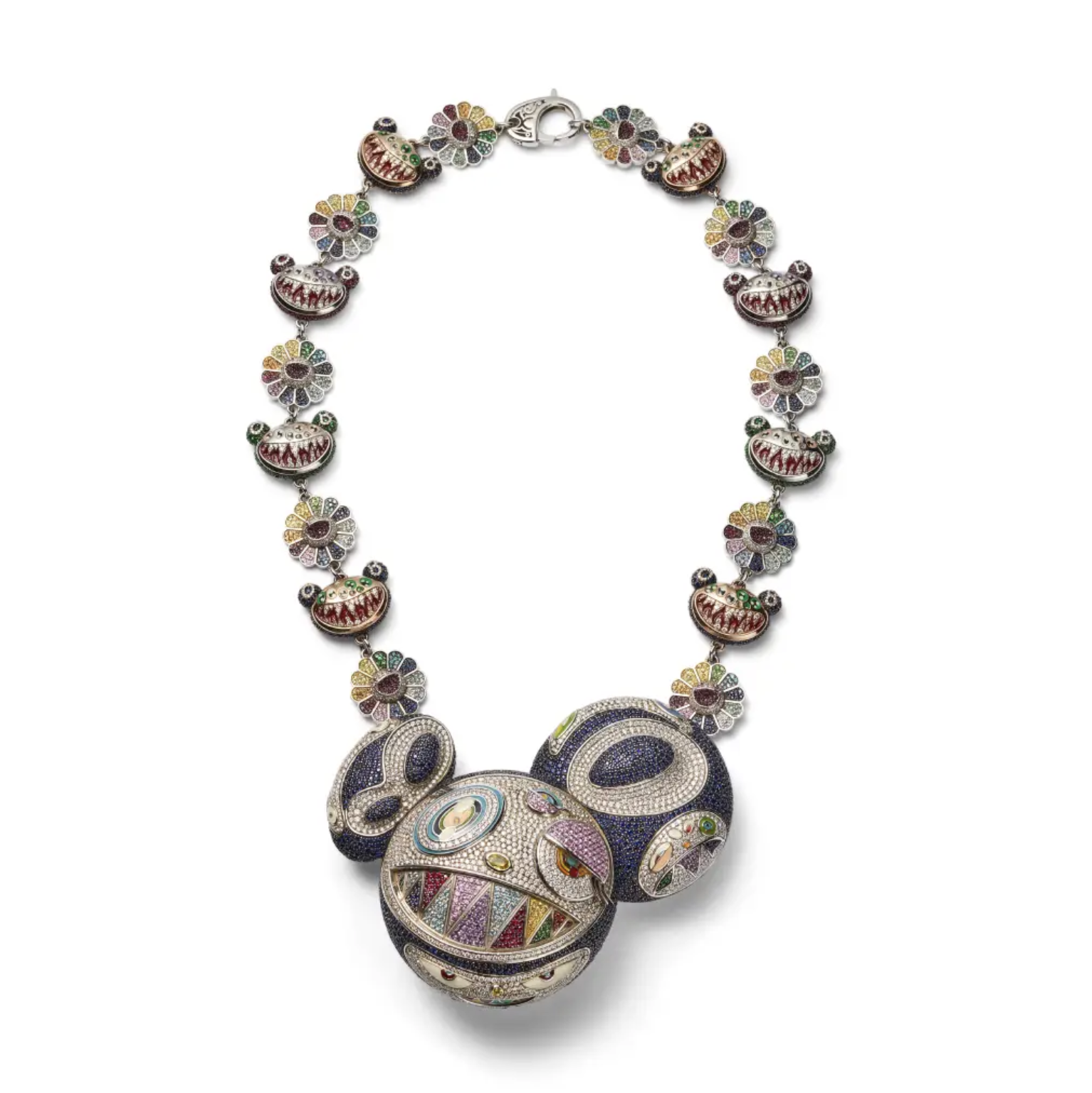 Colorful necklace with floral and monster-themed charms, set against a white background.