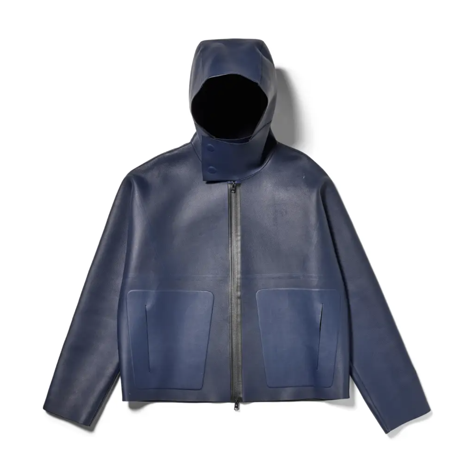 A navy blue hooded jacket with a zipper and two front pockets.