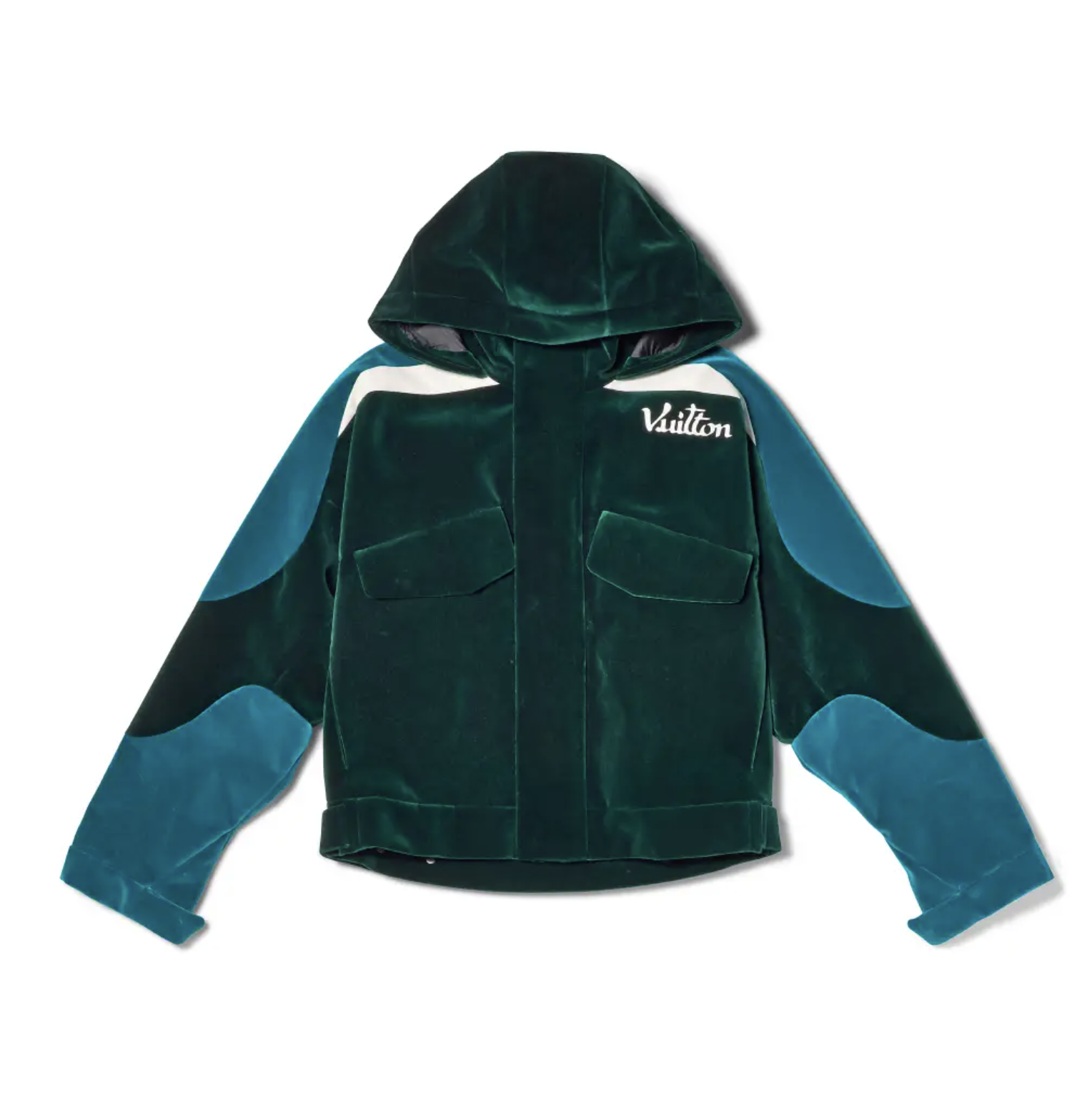 A green velvet hooded jacket with blue accents and the word "Vuitton" printed on the front.