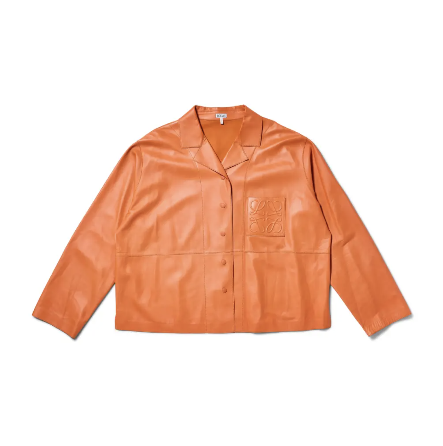 Orange leather jacket with Loewe logo on the chest pocket.