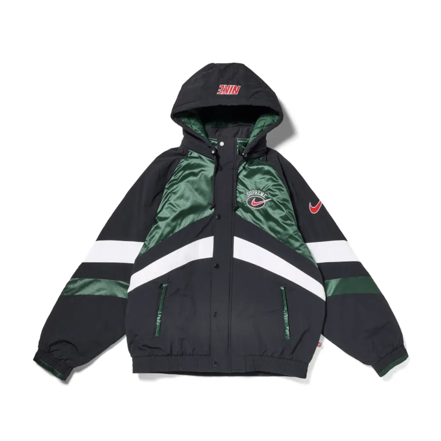 A black and green hooded jacket with the Nike logo and "Supreme" text.