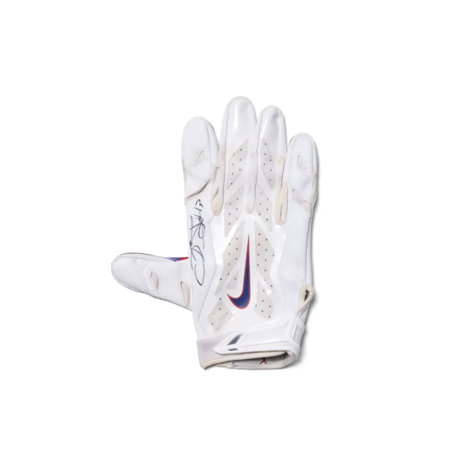 White Nike sports gloves with blue and red accents