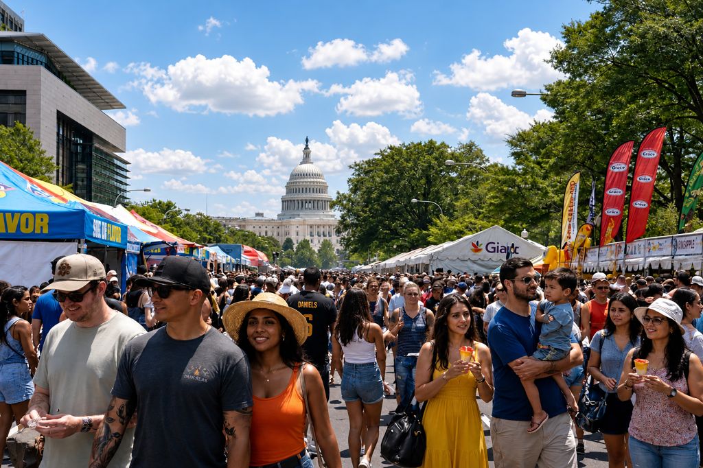 Crowded outdoor festival with tents, flags, and the US Capitol building in the background. People of various ages and attire walking through the event.