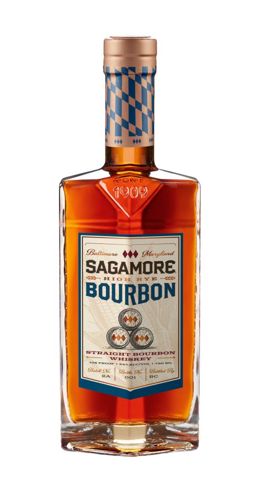 Bottle of Sagamore High Rye Bourbon whiskey with blue and white diamond pattern label and copper cap.