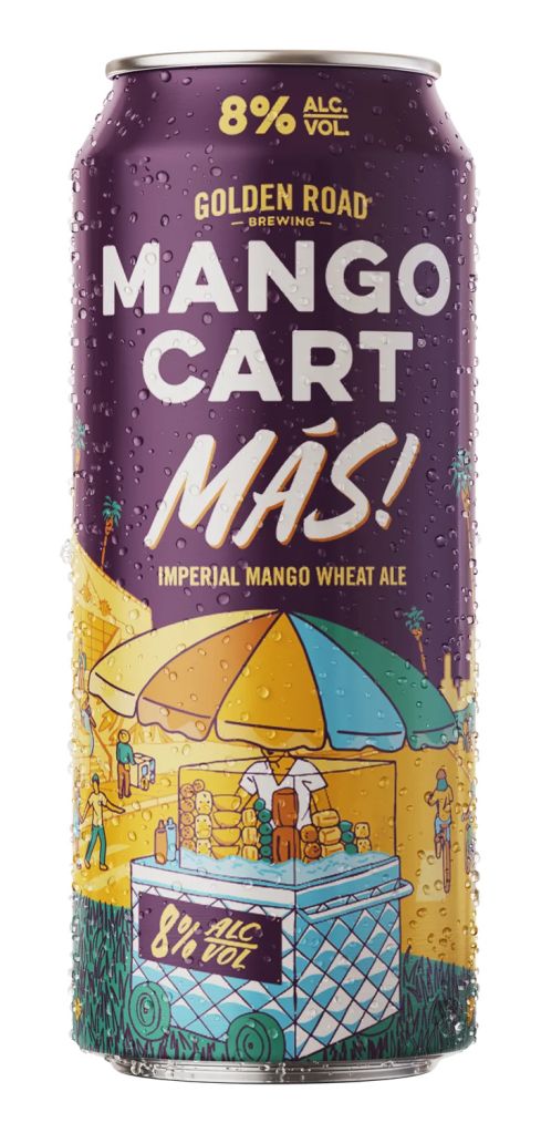 A can of Golden Road Brewing's "Mango Cart Mas!" imperial mango wheat ale, with a colorful illustration of a beach scene on the label.