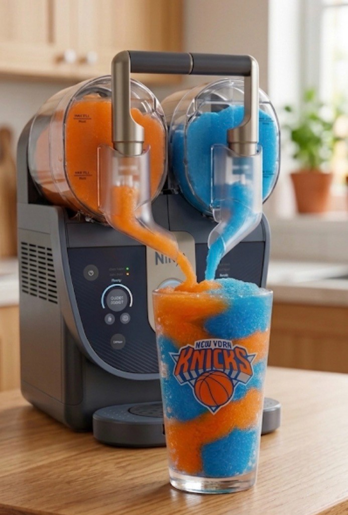 A Ninja blender with two clear containers filled with orange and blue frozen drinks, with a New York Knicks logo on the blue drink.