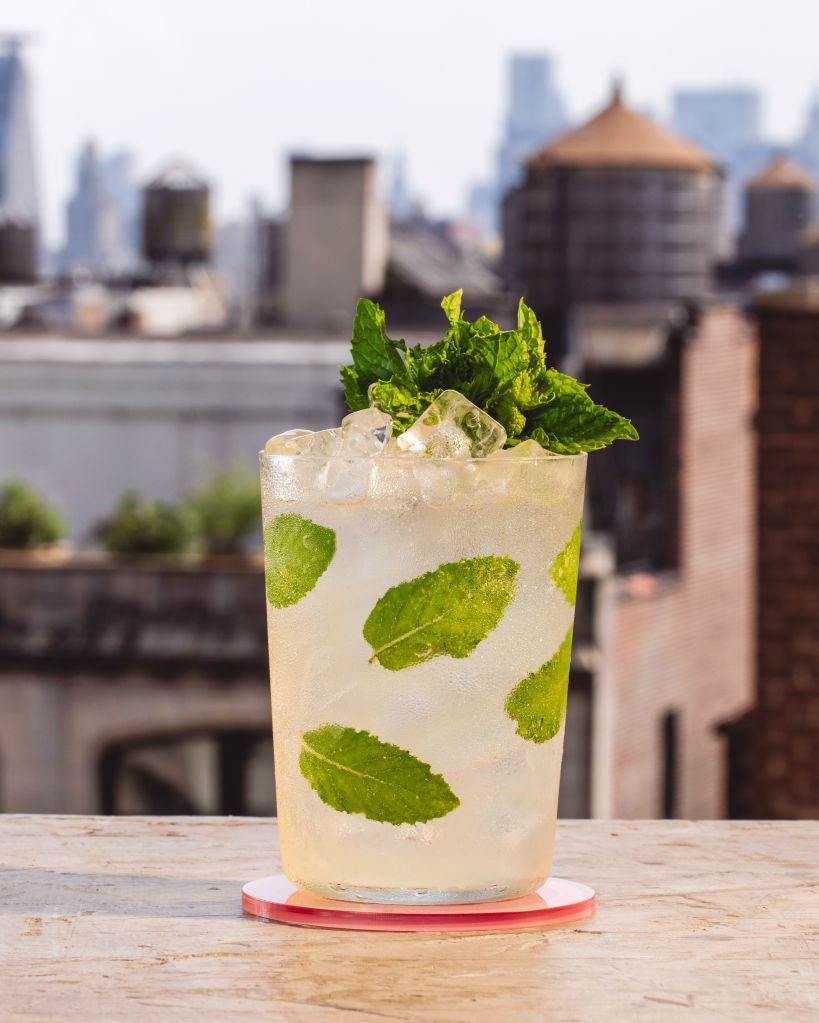 A glass of a refreshing cocktail garnished with mint leaves, set against a blurred urban skyline in the background.