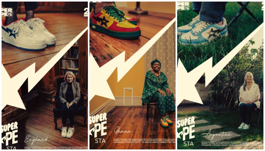 A collage of 3 images showing various sneakers, a person sitting in a chair, and a person standing in a grassy field. The images are labeled "Super Sta England", "Super Sta Ghana", and "Super Sta Argentina".
