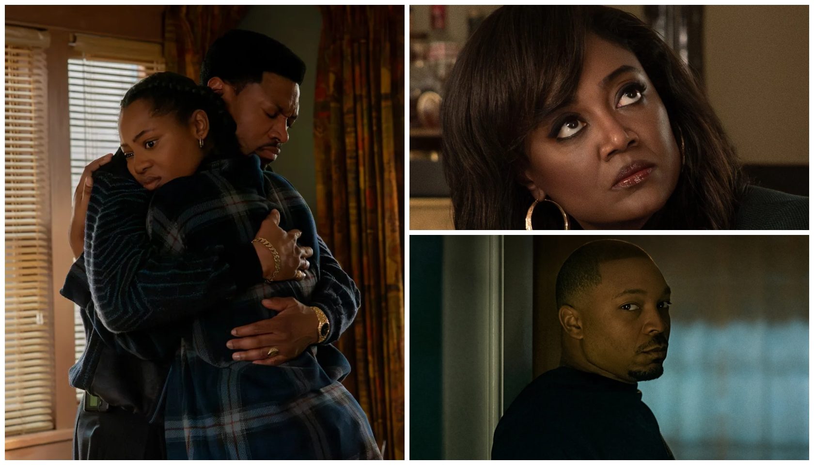 A man comforting a woman in a dimly lit room. A woman with a serious expression. A man looking out a window.