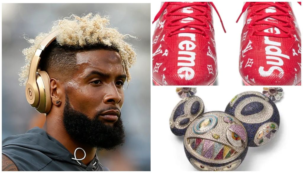 A man with curly blond hair wearing Beats headphones, a red Supreme sneaker, and a Supreme-branded item, along with a close-up of a Mickey Mouse-inspired jewelry piece.