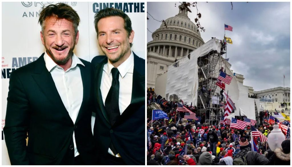 Two smiling men in suits at a film event; a large crowd gathered at the U.S. Capitol building, waving flags and holding signs.
