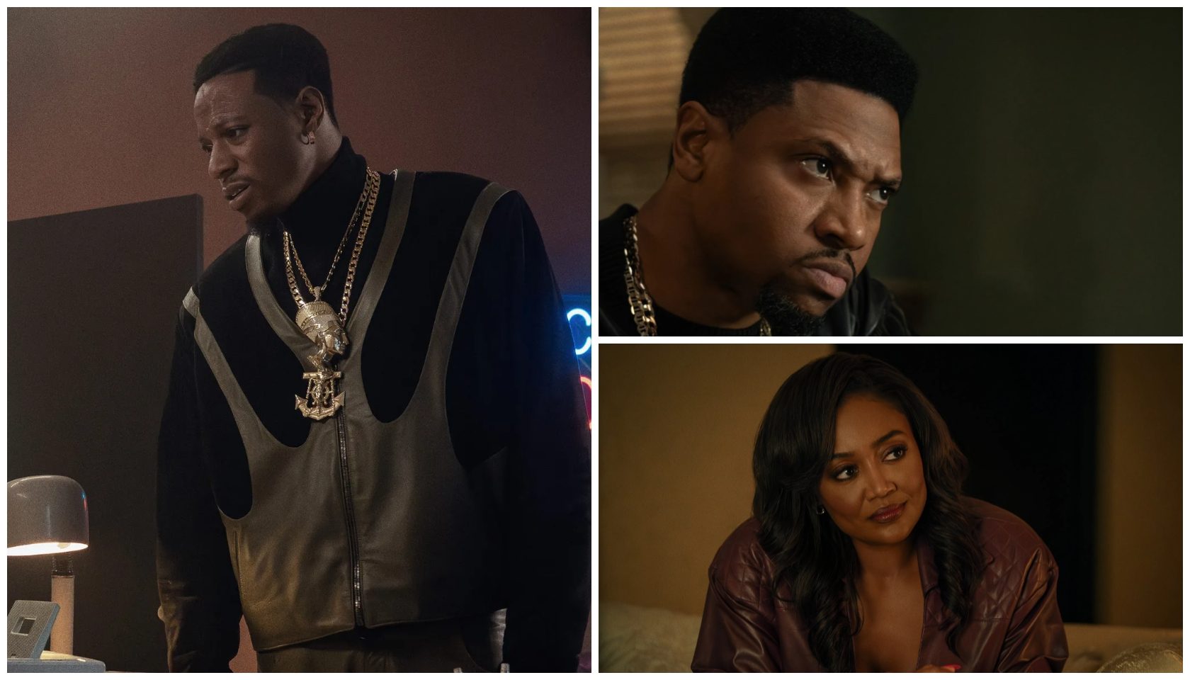 A collage of three portraits: a man wearing a black and white striped jacket with jewelry, a man with a serious expression, and a woman with long dark hair.