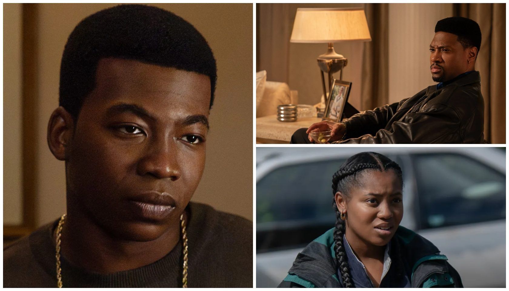 A collage of three images: a close-up portrait of a young Black man with a serious expression, a man sitting in a room looking at a framed photo, and a woman with braided hair standing outside a vehicle.