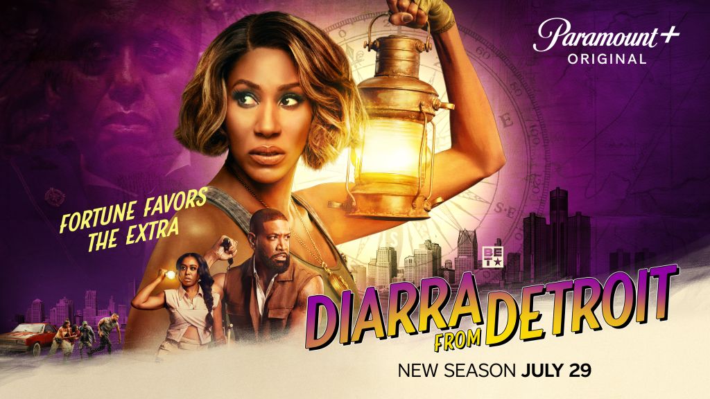 A woman holding a lantern stands in front of a cityscape, with the Paramount+ logo and text "Fortune favors the extra" and "Diarra from Detroit" visible.
