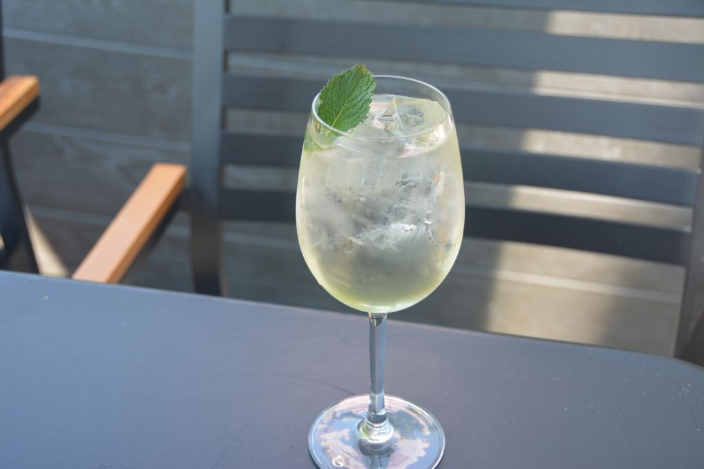 A glass of clear liquid with ice and a mint leaf garnish, set on a gray table against a gray background.