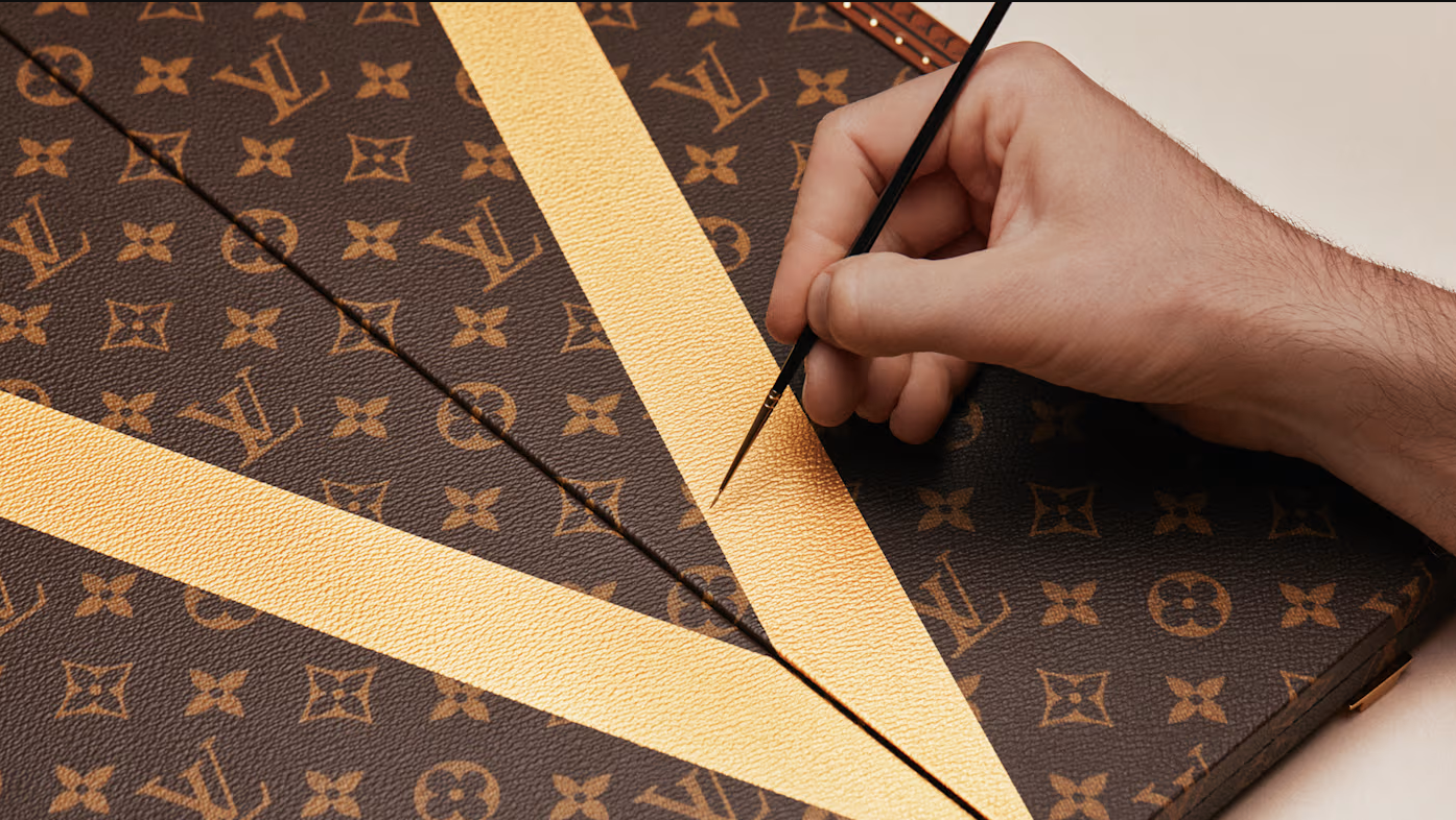 A hand holding a black and tan patterned leather wallet or bag, with a yellow strap visible.