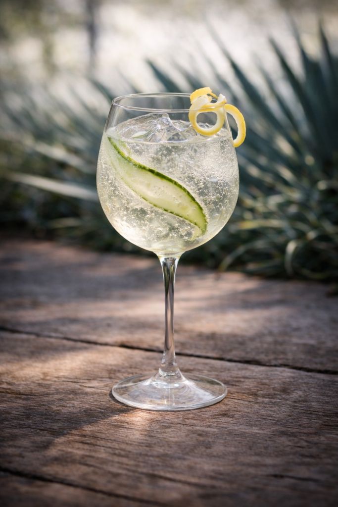 A glass of clear carbonated beverage with a slice of cucumber and a lemon twist garnish, set against a blurred background of palm fronds.