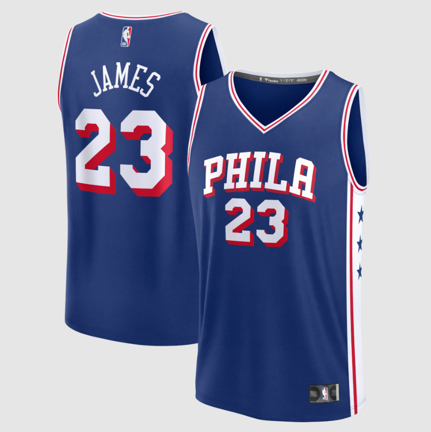 Basketball jersey with the name "JAMES 23" and "PHILA 23" on a navy blue background.