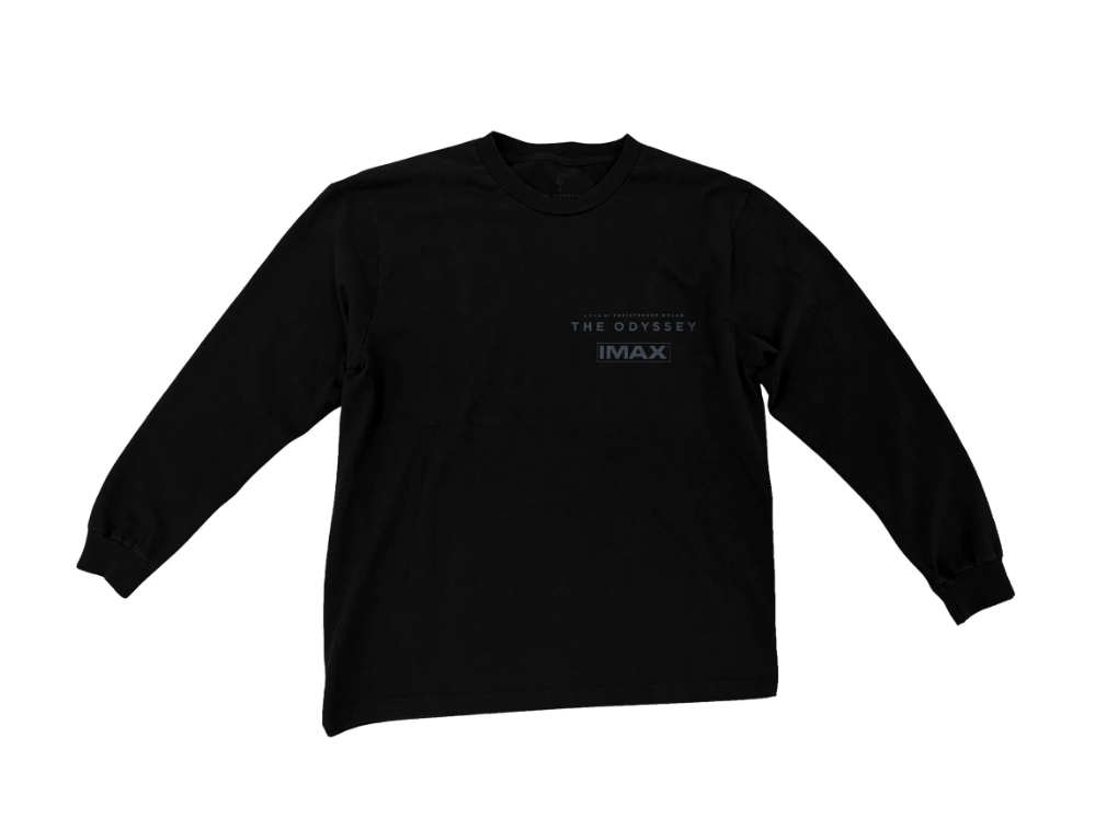 Black long-sleeved t-shirt with "THE ODYSSEY IMAX" text printed in gray.