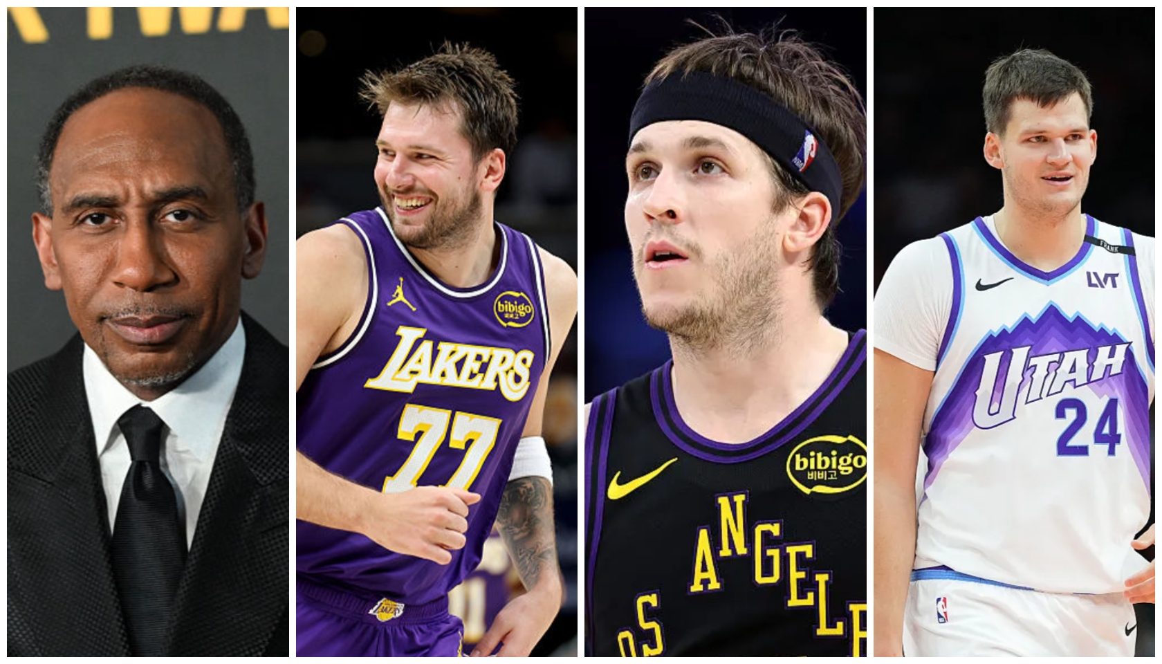 A collage of 4 images: 1) A middle-aged Black man in a suit, 2) A man in a purple Lakers jersey with the number 77, 3) A man in a black jersey with "ANGELS" written on it, 4) A man in a white Utah Jazz jersey with the number 24.