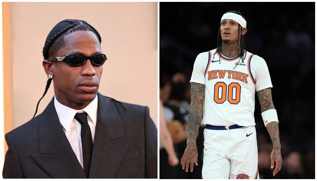 A man in a suit and sunglasses, and a basketball player wearing a New York jersey with the number 00.