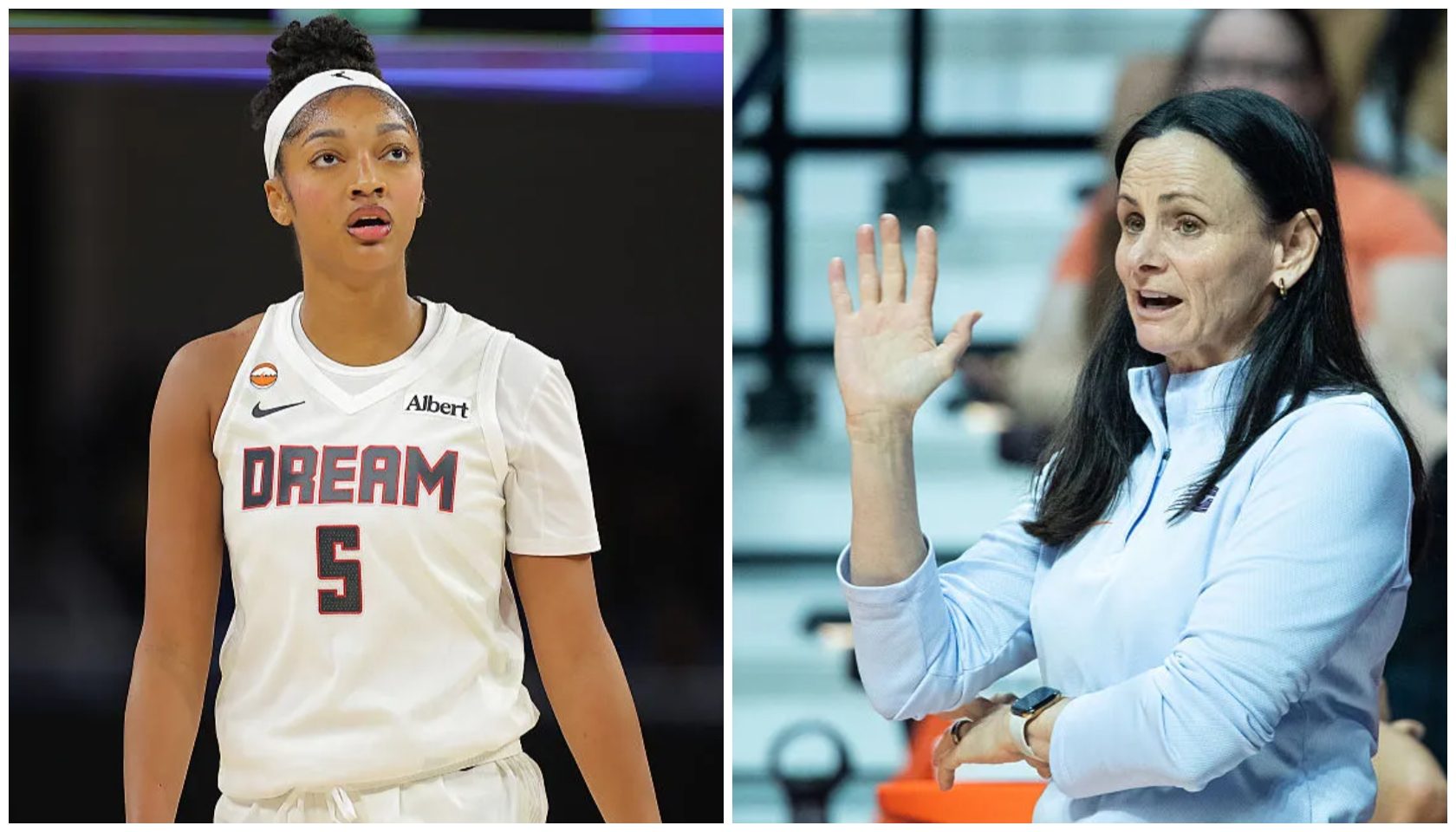 A basketball player wearing a jersey that says "DREAM 5" and a woman in a blue sweater gesturing with her hand.