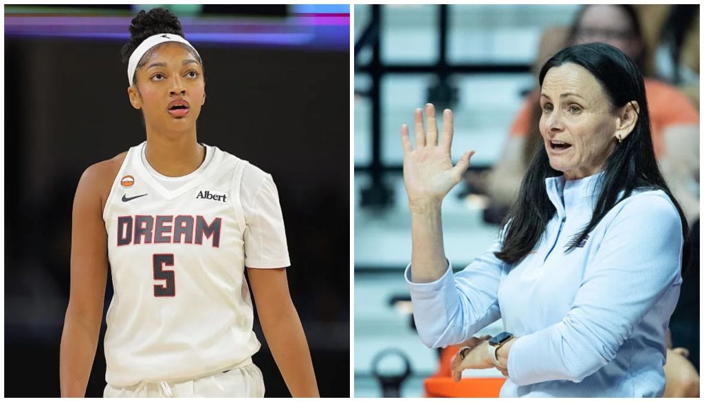 A basketball player wearing a jersey that says "DREAM 5" and a woman in a blue sweater gesturing with her hand.