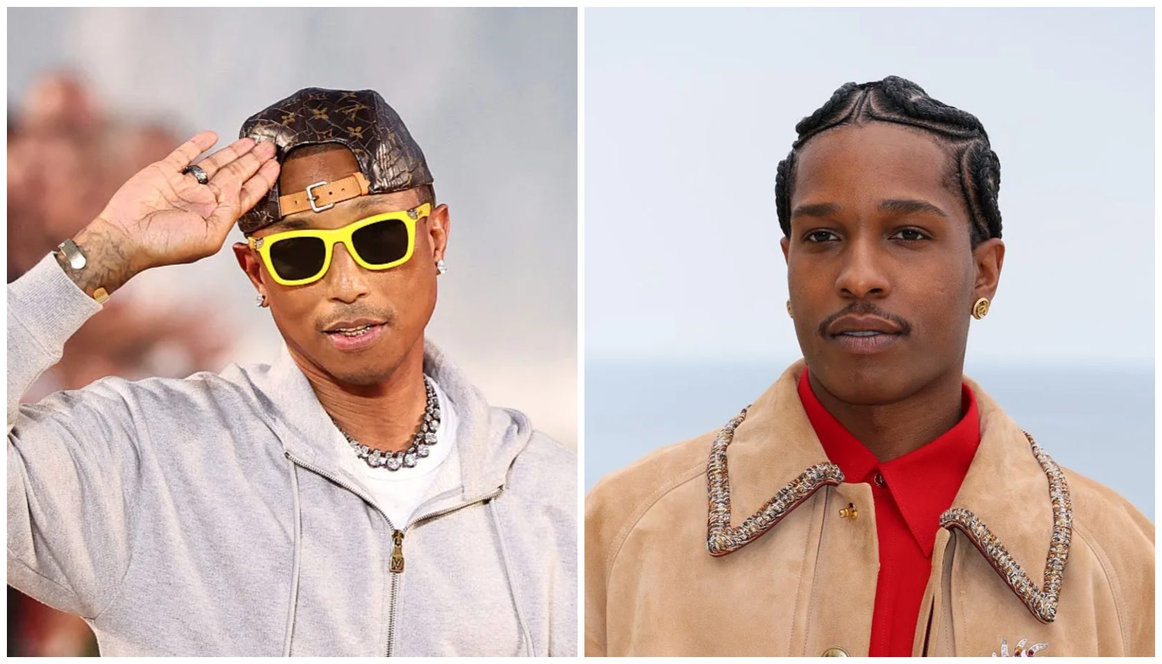 Two portraits of a young Black man wearing sunglasses and jewelry, one in a gray hoodie and the other in a beige coat.
