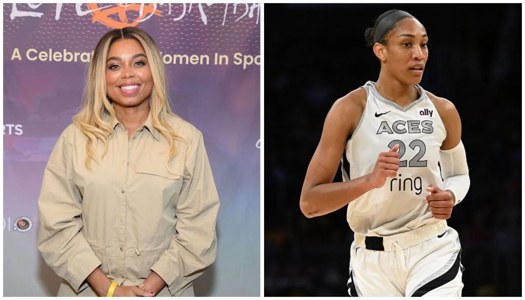 A smiling woman in a beige jacket stands in front of a backdrop celebrating women in sports. A basketball player in a white jersey with the number 22 stands on a basketball court.