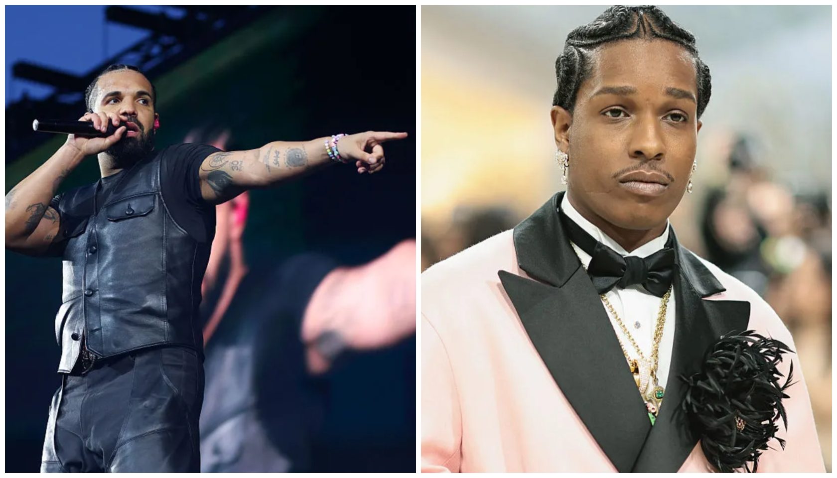 A man with tattoos and a leather vest performing on stage, and a man in a pink tuxedo jacket and bow tie posing on a red carpet.