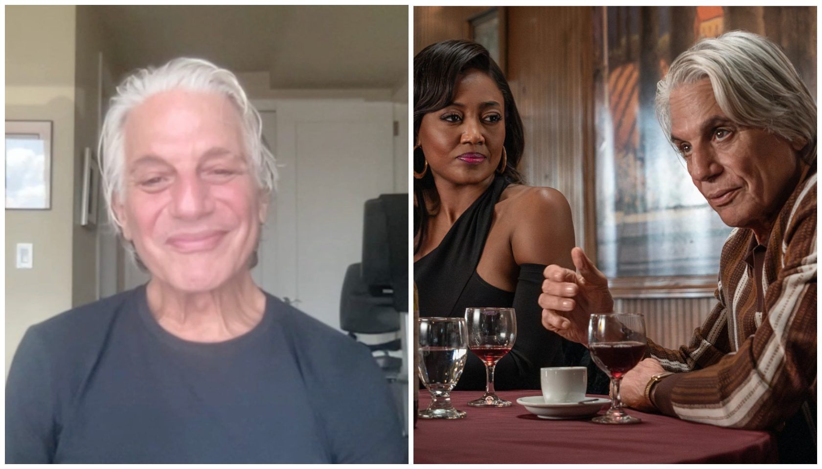 An older man with white hair smiling, and two people, a woman in a black dress and an older man, sitting at a table with wine glasses.