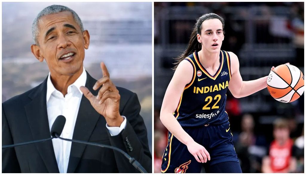 A man in a suit gesturing while speaking at a podium, and a woman in a basketball jersey dribbling a basketball on a court.