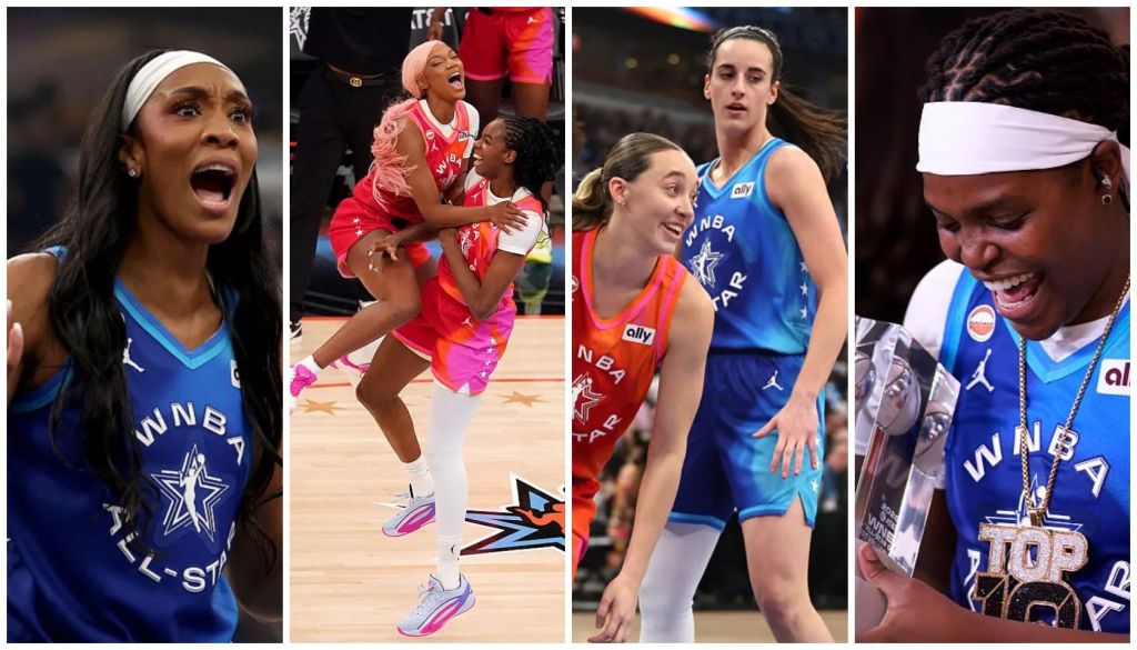Four images of women's basketball players in action, including a player wearing a WNBA All-Star jersey, a player being lifted by a teammate, a player smiling, and a player celebrating.