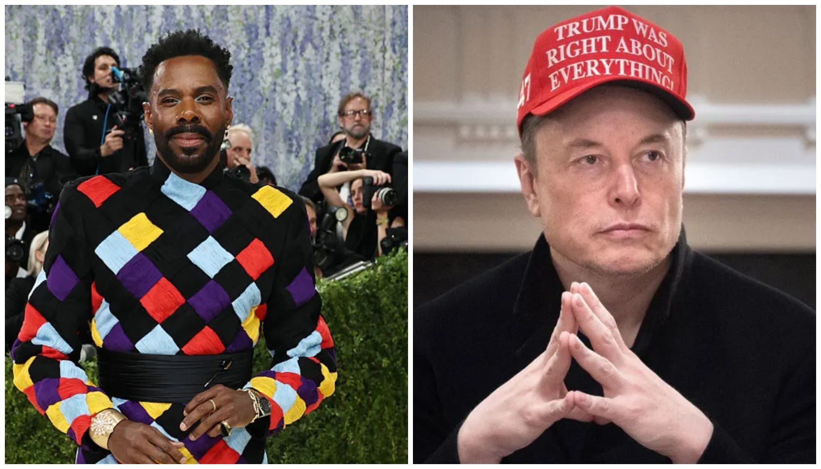A man wearing a colorful patterned sweater stands in front of photographers. Next to him, a man wearing a red "Trump was right about everything" hat looks pensive.