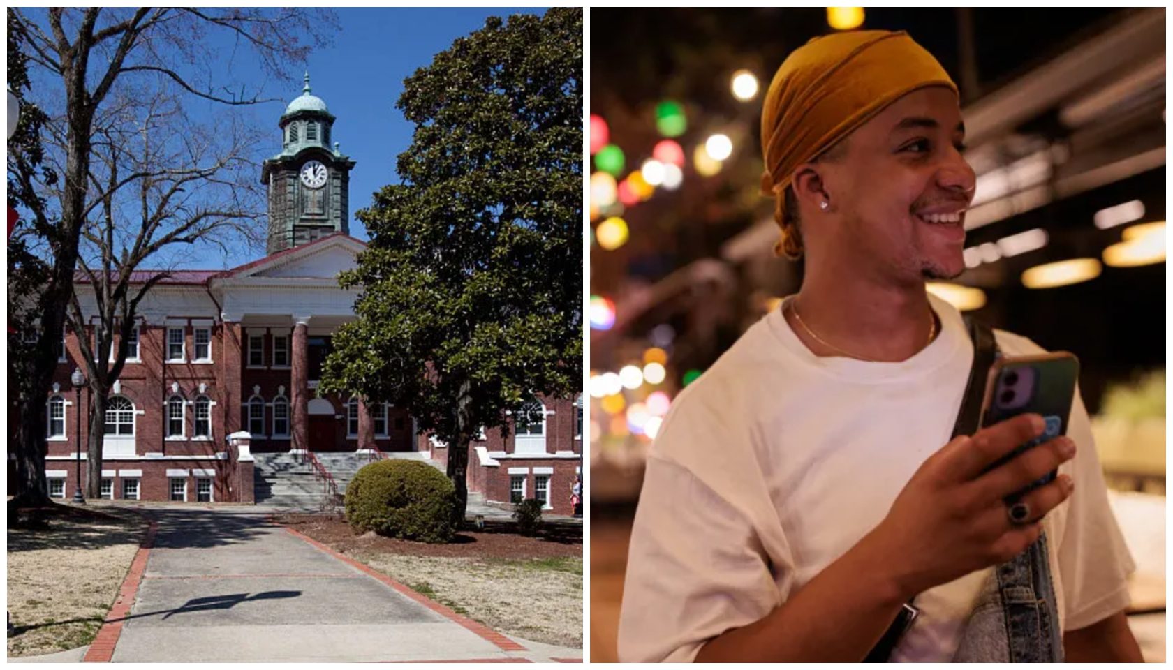 A brick building with a clock tower on a sunny day, and a smiling person holding a smartphone in a festive setting.