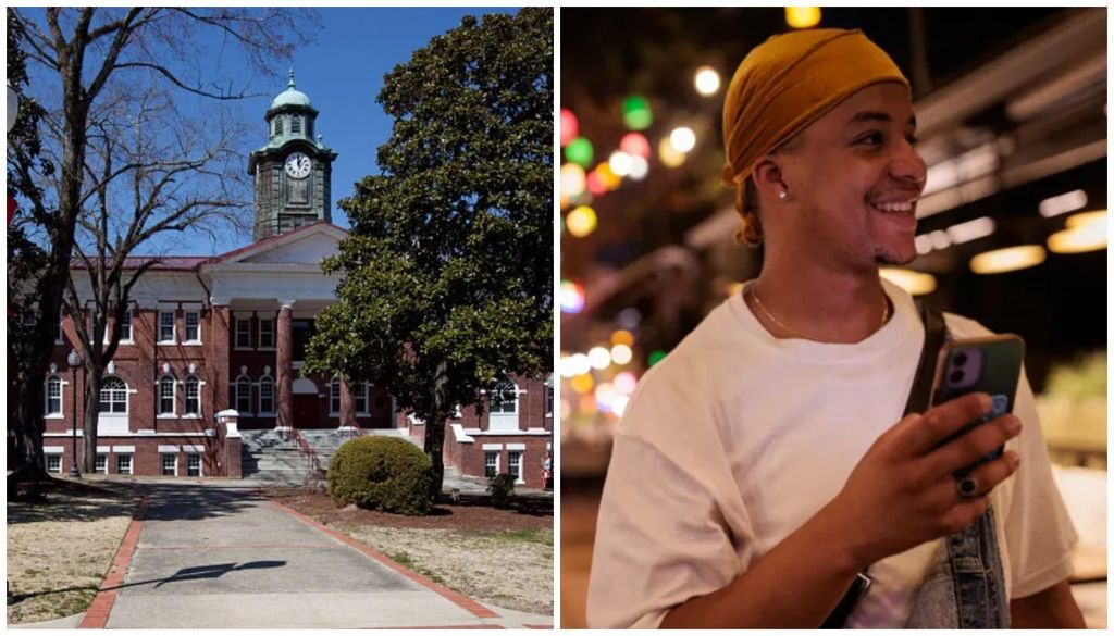A brick building with a clock tower on a sunny day, and a smiling person holding a smartphone in a festive setting.