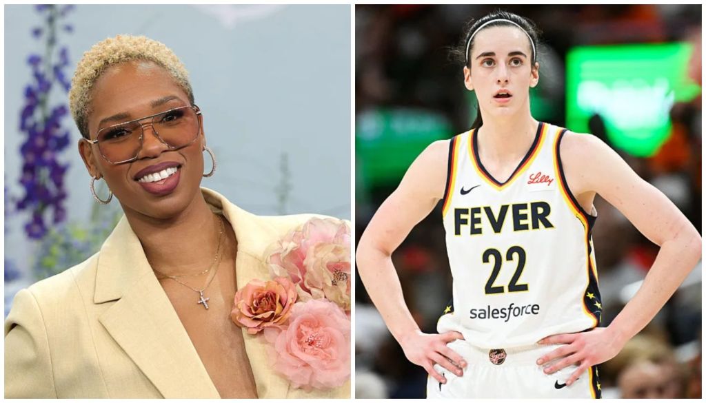 A smiling woman with short blonde hair wearing glasses and a beige jacket, holding pink flowers. A basketball player wearing a jersey with "FEVER 22" and "Salesforce" printed on it.