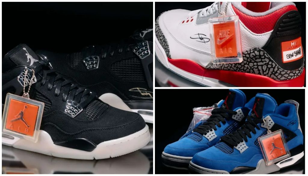 A collage of three Nike Air Jordan sneaker designs in black, red, and blue colorways, featuring the iconic Nike and Jordan Brand logos.