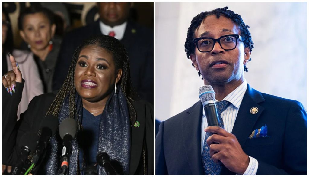 Two images: A woman with braided hair speaking at a podium, and a man in a suit holding a microphone.