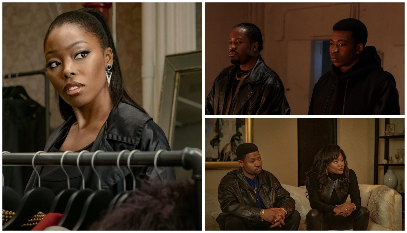 A collage of four images: a woman in a black jacket looking serious, two men in a dimly lit room, and a man and woman sitting on a couch.
