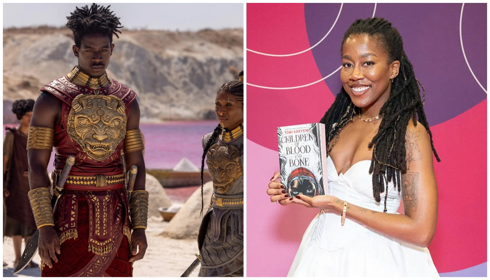 Two images: 1) A person in traditional African attire standing in a desert landscape. 2) A smiling woman holding a book titled "Children of Blood and Bone".