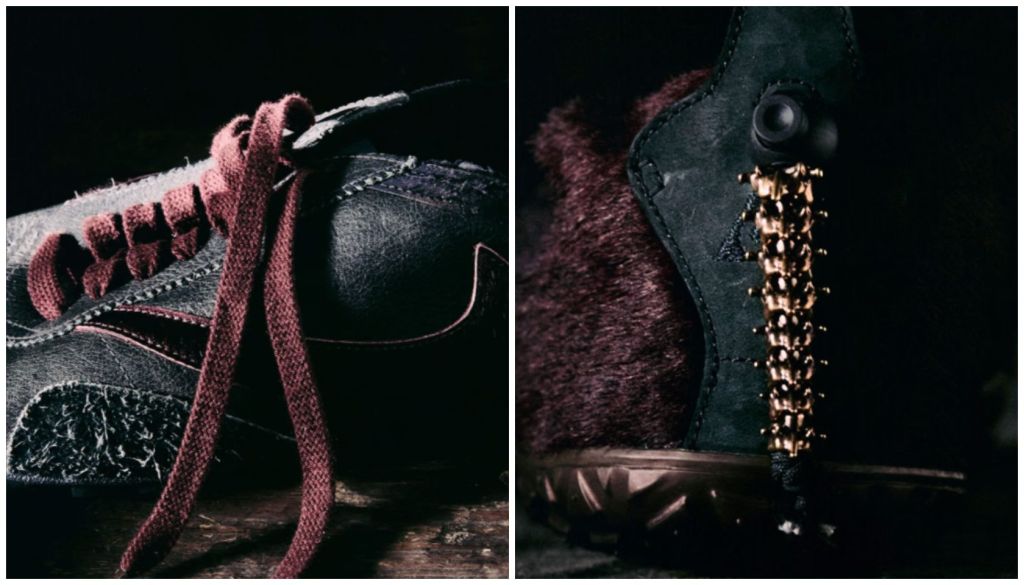 Close-up of a pair of black boots with pink laces and a black boot with a metallic zipper pull.