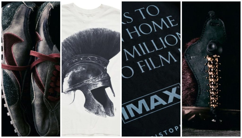 Black leather boots with red laces, a black and white image of a Roman soldier's helmet, a black t-shirt with the text "TO HOME MILLION O FILM MAX", and a black and gold studded leather jacket.
