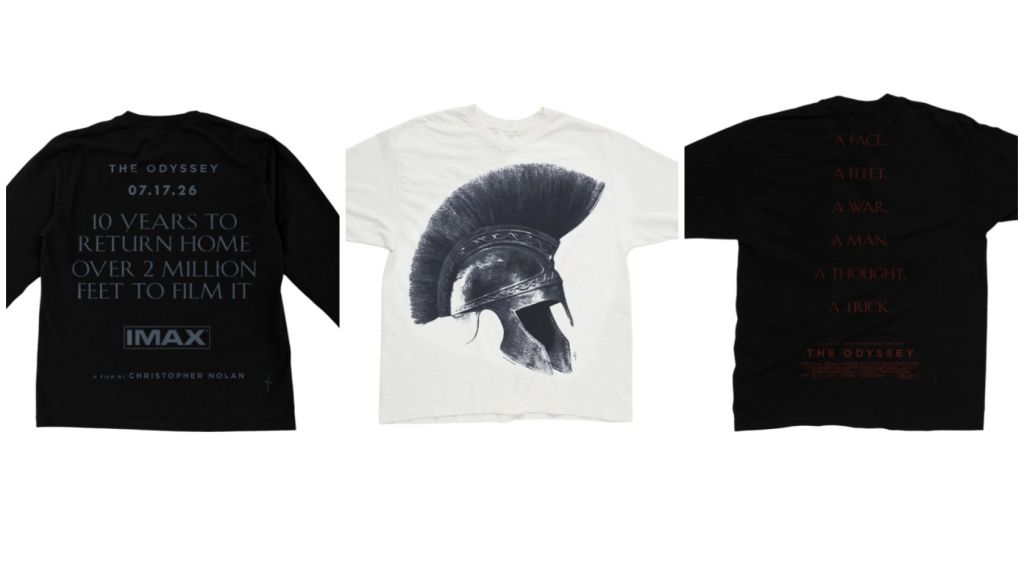 Three t-shirts featuring text and graphics related to the film "The Odyssey", including the IMAX logo, a Spartan helmet, and a quote about the film's production.