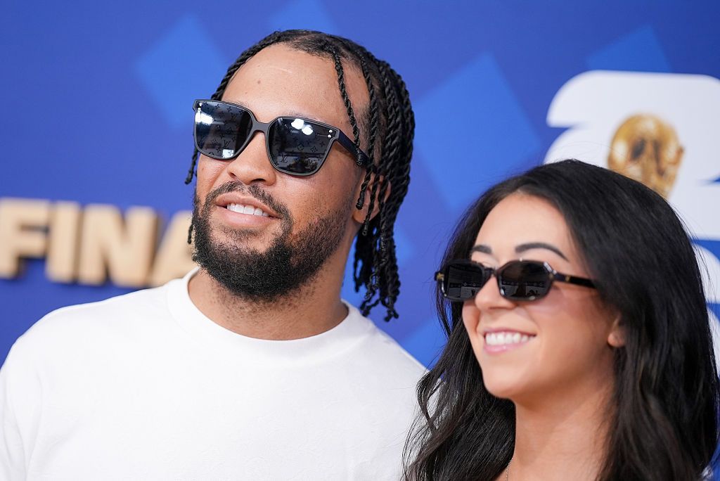 Jalen Brunson and his wife pose for a picture at the FIFA World Cup 2026 Final red carpet
