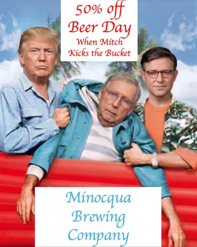 Three older men in casual clothing standing together, with a sign advertising "50% off Beer Day When Mitch Kicks the Bucket" and the "Minocqua Brewing Company" logo.
