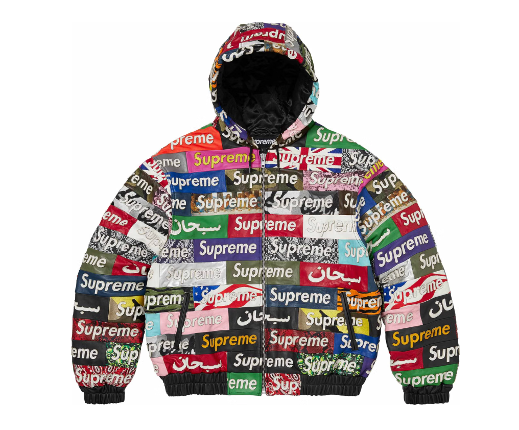 A colorful hooded jacket covered in Supreme brand logos and text in various languages.