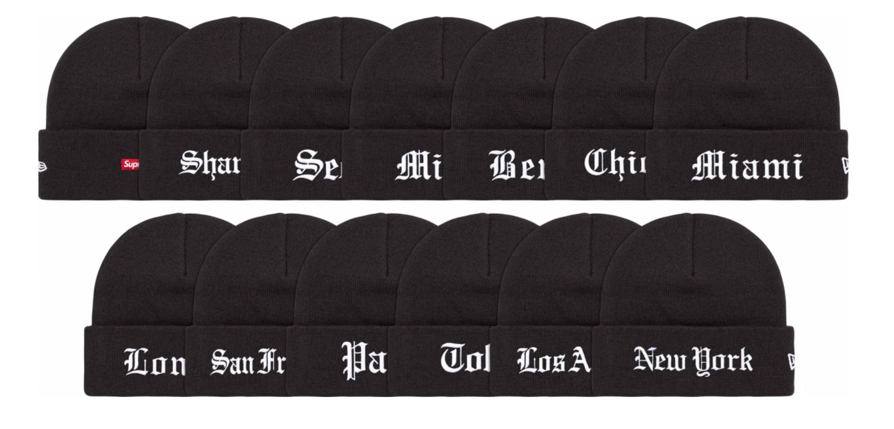 A row of 14 black knit hats with white text spelling "Shar Se Mi Bei Chi Miami" and "Lon San Fr Pa Tol Los A New York".
