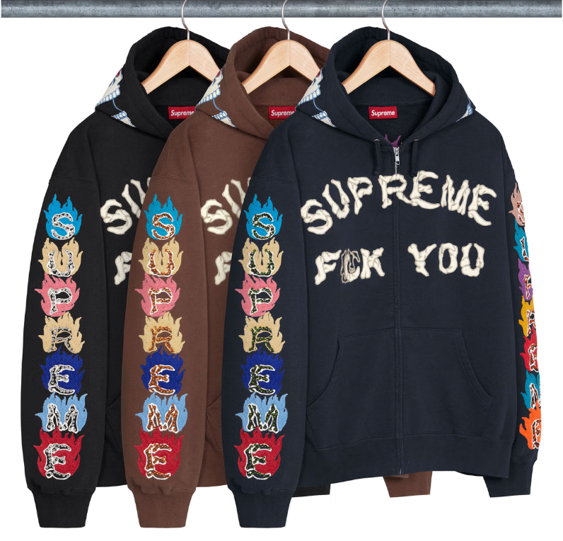 Three hooded Supreme sweatshirts with colorful graphic designs and the text "Supreme Fuck You" printed on the front.
