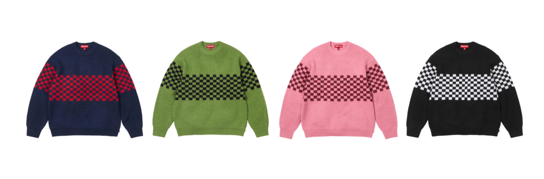 Four colorful knitted sweaters with checkered patterns in navy, green, pink, and black.